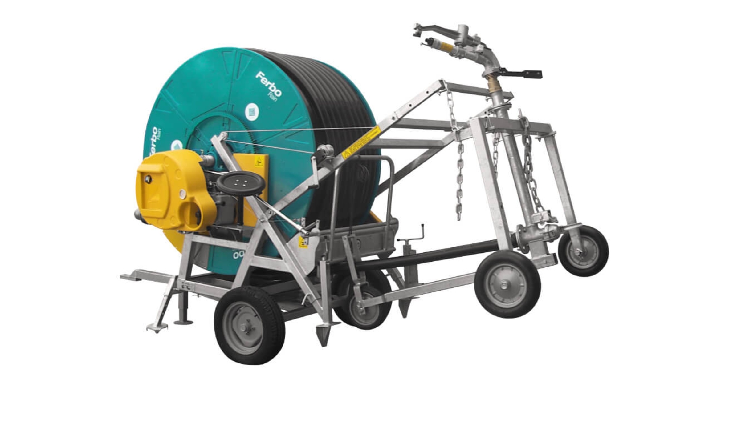 Șasiu galvanizat și tambur vopsit
 	Turbină cuplată pe cutia de viteze, control al vitezei și compensator
 	Cutie de viteze 4 viteze cu decuplare automată la finalul irigarii, dispozitiv PTO pentru strângerea tamburului de la priza de putere a tratctorului
 	Dispozitiv de strangere precisă a furtunului
 	Cărucior cu aspersoar pe 3 roți, ecartament reglabil
 	Optiune de ridicare hidraulică prin pompa manuala pentru ridicarea căruciorului și a sapelor de fixare
 	Bară de tractare cu înălțime reglabilă, cric mecanic și picioare laterale de susținere
 	Rotația tamburului pe peridoc la 360 de grade
 	Aspersor cu set de 3 diuze
 	Furtun de alimentare 4 mt.
 	Cuplaj pentru furtun pe ambele părți pentru o bransare usoară la hidrant